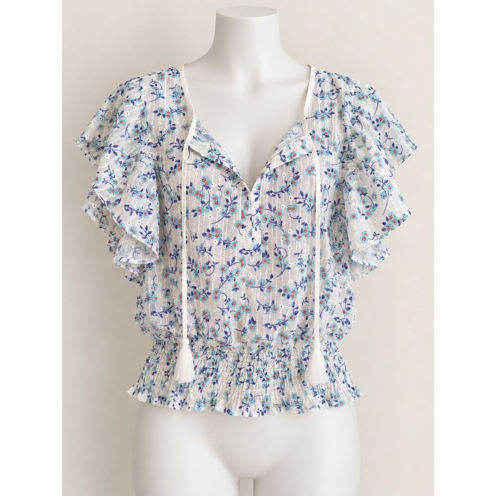 NWT Solitaire Floral Eyelet Lace Ruffle Sleeve Smocked Boho Top Size M